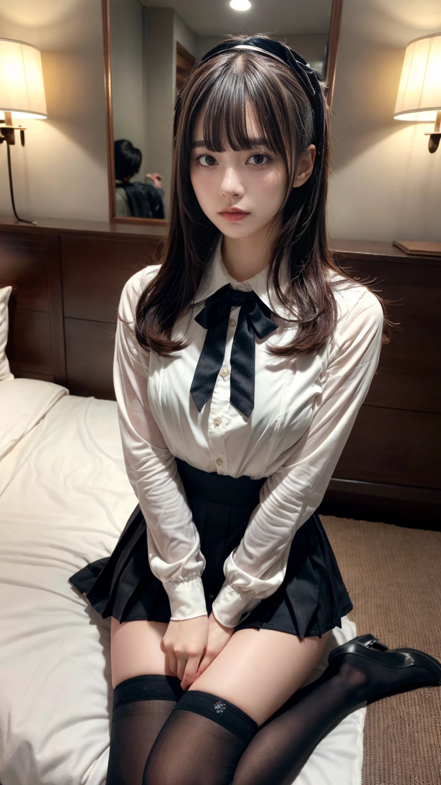 masterpiece, best quality, illustration, Super detailed, fine details, High resolution, 8K,wall paper, perfect dynamic composition,(Details High quality, realistic depiction of eyes:1.3), (collared shirt:1.1), pleated skirt, knee high socks, large breasts, black hair color, Big Natural Color Lip, bold sexy pose, (perfect body shape), crying a little、cold gaze, Harajuku style、20 year old girl、cute type、ta、beautiful legs, hotel room, hposing Gravure Idol, Voluptuous thighs