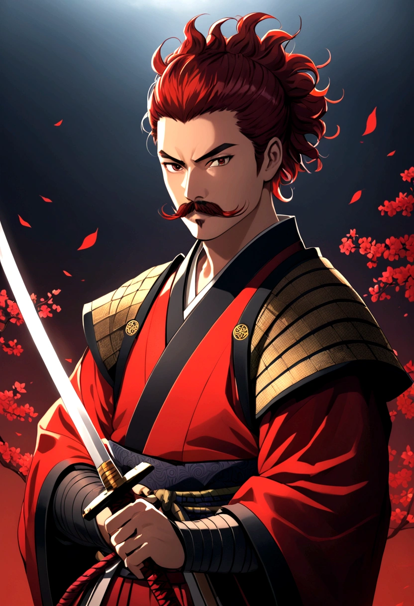 Young samurai with mustache, Eyes red, curly mohawk hair holding a sword