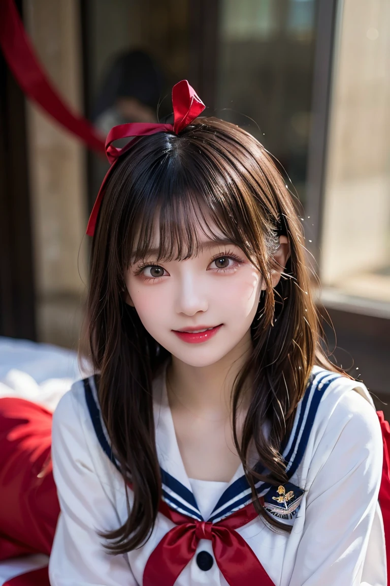 ((Full body)), ((masterpiece)), ((8K)), (((Beautiful high school student)))), (Sailor suit with red ribbon:1.3), (Smooth, straight, long black hair), Smiling face, With bangs, Dark Eyes, Long eyelashes, High nose, Perfect beautiful figure, Soft skin, Beautiful clavicle, Prone, Blackheads on the corners of the eyes, Big Boobs
