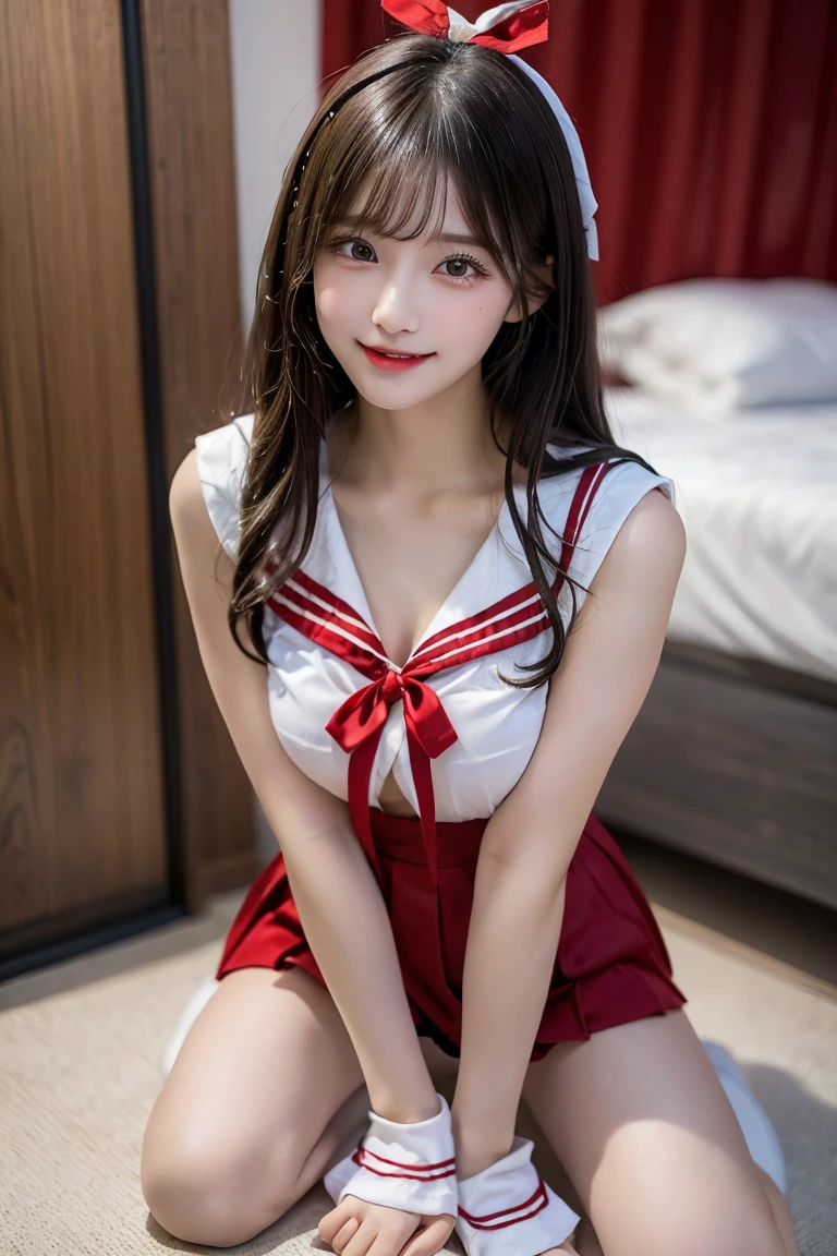 ((Full body)), ((masterpiece)), ((8K)), (((Beautiful high school student)))), (Sailor suit with red ribbon:1.3), (Smooth, straight, long black hair), Smiling face, With bangs, Dark Eyes, Long eyelashes, High nose, Perfect beautiful figure, Soft skin, Beautiful clavicle, Prone, Blackheads on the corners of the eyes, Big Boobs