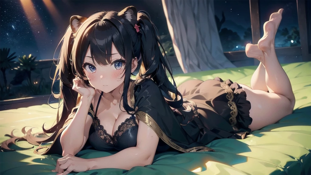 (masterpiece), best quality, expressive eyes, perfect face, perfect hands, blushing, lion queen, hair fringe, hair clips, large teardrop , sexy dress, cleavage, v-neck, fabric lace, fishnet stockings, long cape, fluttering, long high twintails, animal ears, incredible details, masterpiece, wallpaper art, full body art, hands on legs, laying down, solo, (glow, god rays, ethereal, dreamy, heavenly, otherworldly, dream-like, breathtaking, captivating, divine),
