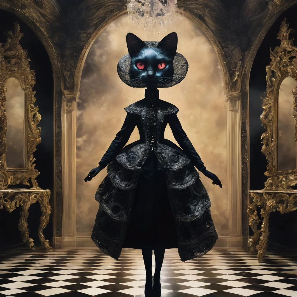 Translucent, bioluminescentA captivating digital painting by Nicola Samori, showcasing a charming anthropomorphic biolumineszierenden mystische catsnake doll. The first figure, with a smaller and sweeter demeanor, stands next to the second figure, who exudes bolder and mischievous energy. Both figures are dressed exquisitely in high heels, with big round eyes and enchanting smiles. They gracefully pose on a vibrant checkered chessboard, bringing a sense of order to their lively expressions. The background is a deep, inky black, expertly contrasting with the intricate pen and ink outlines and delicate dry watercolor effects. This enchanting photoreal masterpiece is a testament to the artist's skill and imagination. in a voluminous opulent costume conducting an outlandish, extraterrestrial autopsy in the confines of a conspicuously unassuming bedroom, appearing as a tiny doll in a concealing princely garment. Her oversized, compelling eyes feature an ethereal expression. Ensconced in an atmosphere rendered swirling with surreal