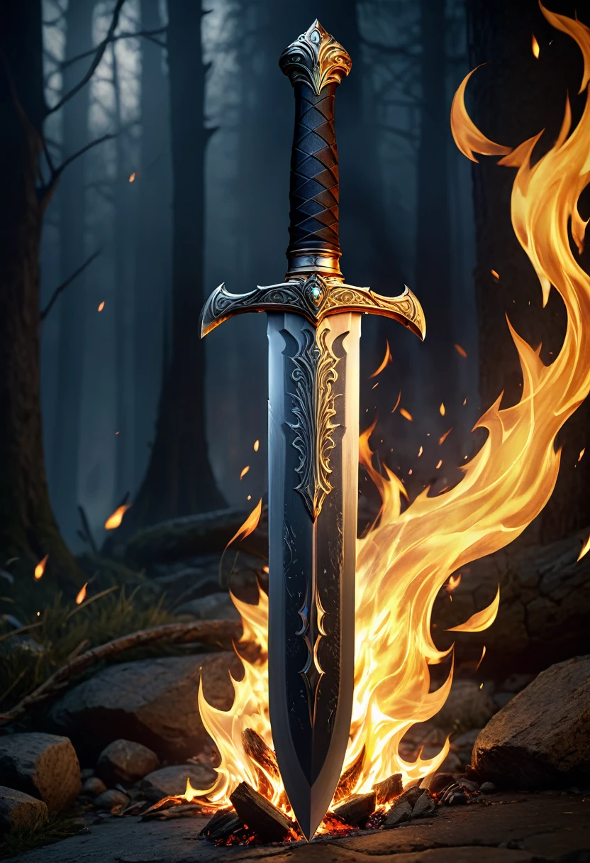 high quality 8k resolution, detailed and haunting, best quality, masterpiece, photorealistic, ultra-detailed, burning blade