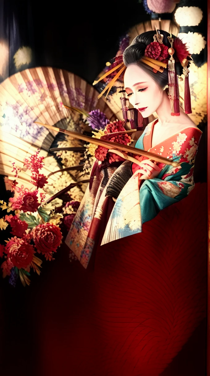 A cute smiling girl with round face, holding a fan, detailed facial features, elegant kimono, delicate skin, beautiful eyes, high quality, digital art, detailed painting, vivid colors, soft lighting, intricate background, serene atmosphere