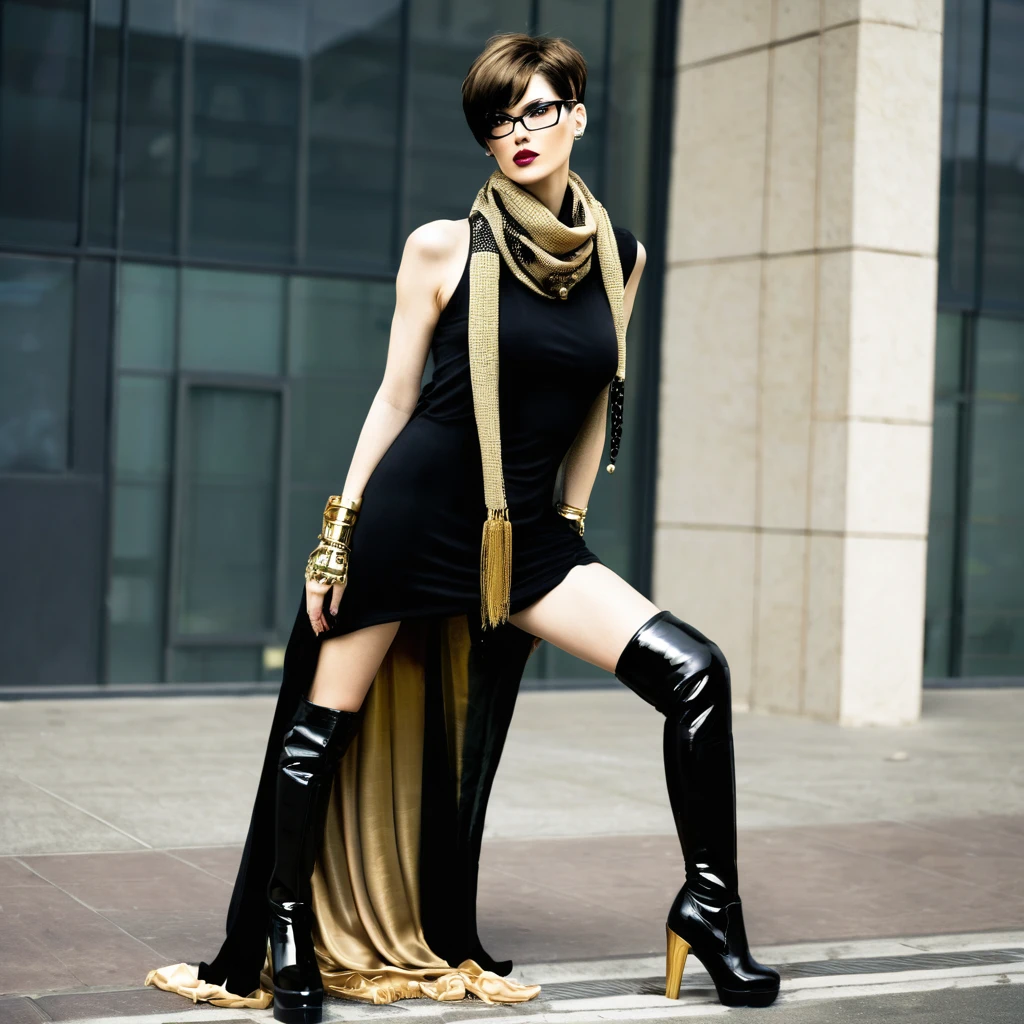 tall beautyfull woman, bayonetta, cyberpunk clotches, cybernetic implants, short hair, black chic glasses, big beige colors scarf, golden earring, black dress, golden bracelet, black boot