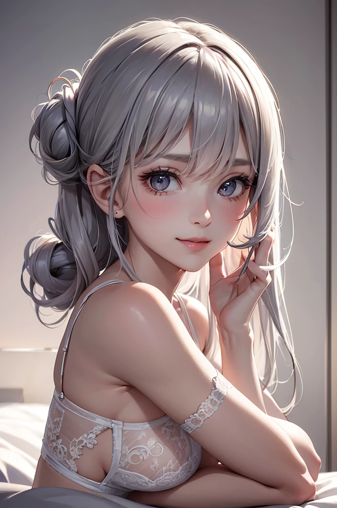 Best Quality,High resolution,8K,finelity detailed background,Masterpiece:1.2),beautiful girl,Glossy romance gray hair,half updo,Gray eyes,Gentle look,A refreshing look,Best quality,Best Quality,Aesthetic and aesthetic:1.2,Best details((Super detailed))(High-definition CG illustrations),Grey underwear (gray,intricate lace),Slender body,moon,Late Night,Bedroom,On the bed,smile,blush,cute,Scrounge,Looking up,Being spoiled,super model,wariza,shoot from below