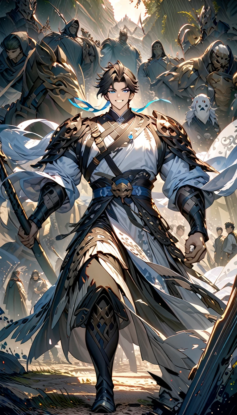male black shadow ghost knight walking away from a battlefield, shadow, black, knight, ghost knight, full body view, Facing the front, shadow knight, blue eyesเรืองแสง, black smoke, dark, Masterpiece, Masterpiece lighting , A quiet and charming young man, 30 years old, smile, gag, Portrait, Highly detailed face, 寒さとsmile, ((blue eyes)), ((ผมสั้นblack)), [Thick eyebrows], ชุดเกราะknightสีดํา (เกราะblackล้วน) , ผ้าคลุมขนสัตว์black(Masterpiece,best quality,special, (Broad shoulders)) (muscle), male focus, Hand Held Weapons (Crescent repeater),Lipo,Fang Tian Hua Ji,High quality, สมจริงเป็นspecial,nonsense, height, Very detailed, HDR, Masterpiece, ใบหน้าและดวงตาที่มีรายVery detailed,ผม Quiff blackสั้นมี Soft Fringe, handsome , muscle, Facial expressions.