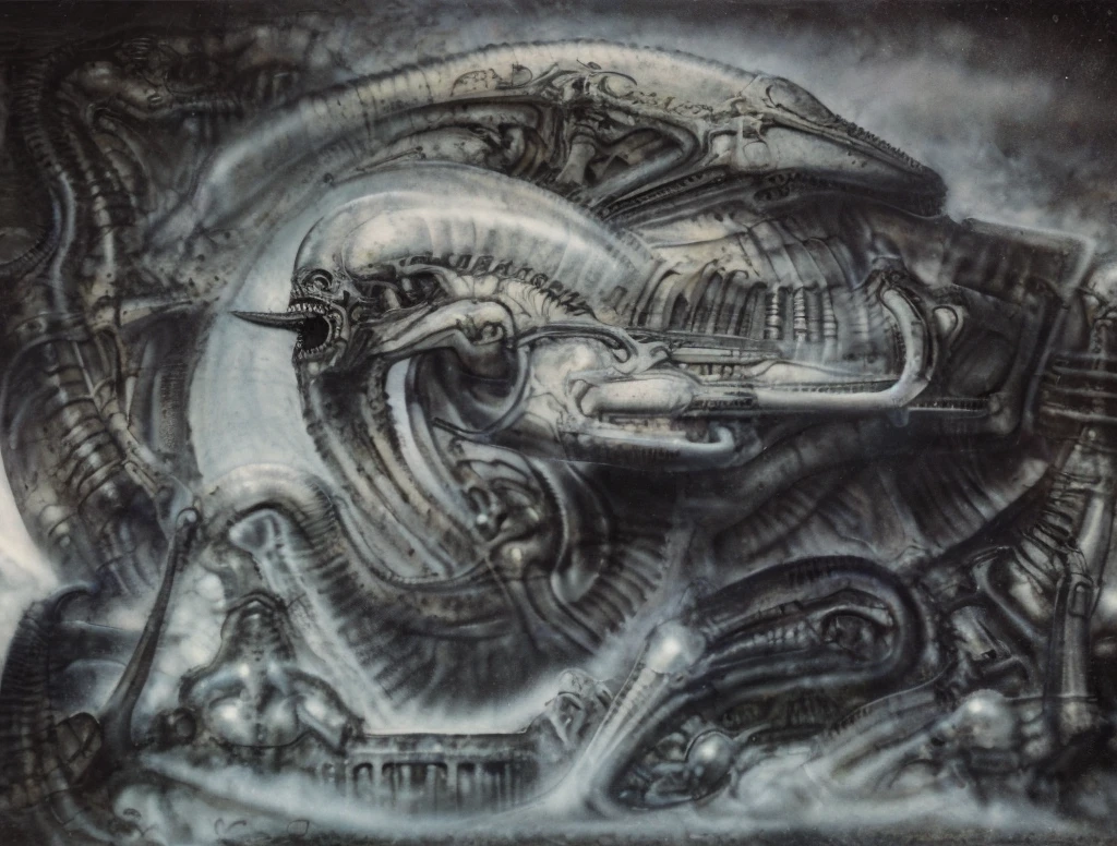 The image is a detailed view of H.R. Giger's biomechanical tableau \" Landscape XVI \" plate, featuring.
(airbrush painting, Giger's alien in front of broken alien ship in landscape, natural light, sharp focus, illustration, highly detailed, digital painting, concept art, matte, art by gric and kozhanov and moebius and Alphonse Mucha, masterpiece, HDR ,UHD , uplight, in HRGigerArhP style);1.
surrealistic painting of a monster with multiple tentacles and a body that looks like a brain, surrounded by a chaotic scene of swirling clouds and other monsters
 It's a complex network of bones and organs in eldritch color scheme:a greenish-brown hue ,swirling gery and brown colors. The artwork is silverish and green brown, with an ivory bones prominently displayed. The image is highly detailed and intricate, almost like a 3d version of a medical sketchwork.   
The piece is a tableau, most likely created with a India ink pen or pencil on paper, determined by the thin lines, shading techniques, and the texture of the paper, which is visible around the edges.
Used is pen, given the shading and variations in line weight visible in the image. Artist have used a variety of stylus with different degrees of hardness to achieve the shading effects.
 The use of undersaturated green-grays dark contrasts creates a stark and graphic look. Is used a variety of linework techniques to create different textures. Fine, parallel lines create a smooth, metallic texture,while thicker, more cursive lines suggest cables or wires.
Light source from the top highlights skeletals, pper part of foreground, lower part of image is in shadowupper part of foreground, lower part of image is in shadow.
The art performance showcases the artist’s skills in observation and rendering. The level of detail in the piece suggests a close study of real bone specimens and mechanics. The artist has skillfully used shading techniques to create a convincing illusion of three-dimensionality on a flat surface. The wrinkles 