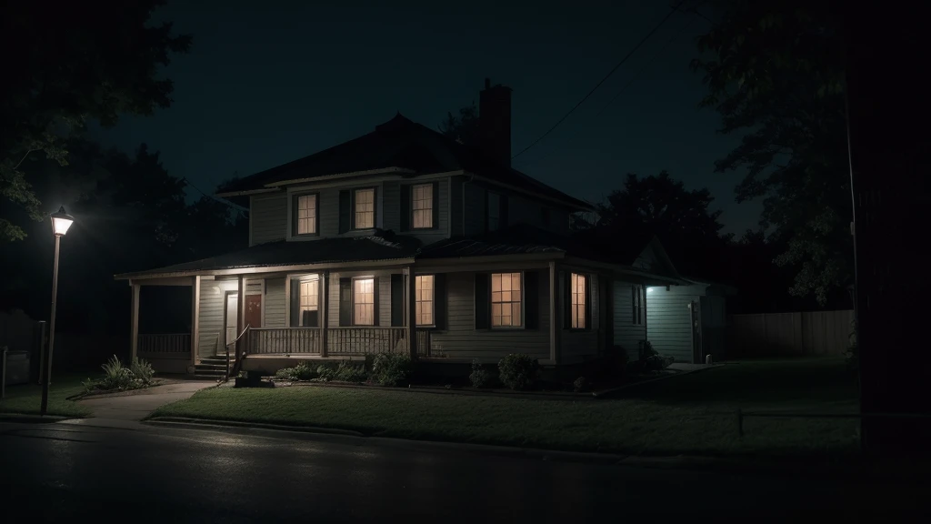 The extern of an ordinary house in the United states, a scene from a horror movie, a macabro and dark atmosphere até night