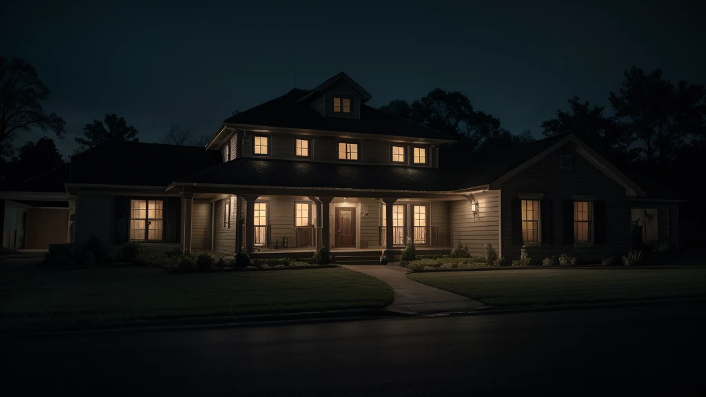 The extern of an ordinary house in the United states, a scene from a horror movie, a macabro and dark atmosphere até night