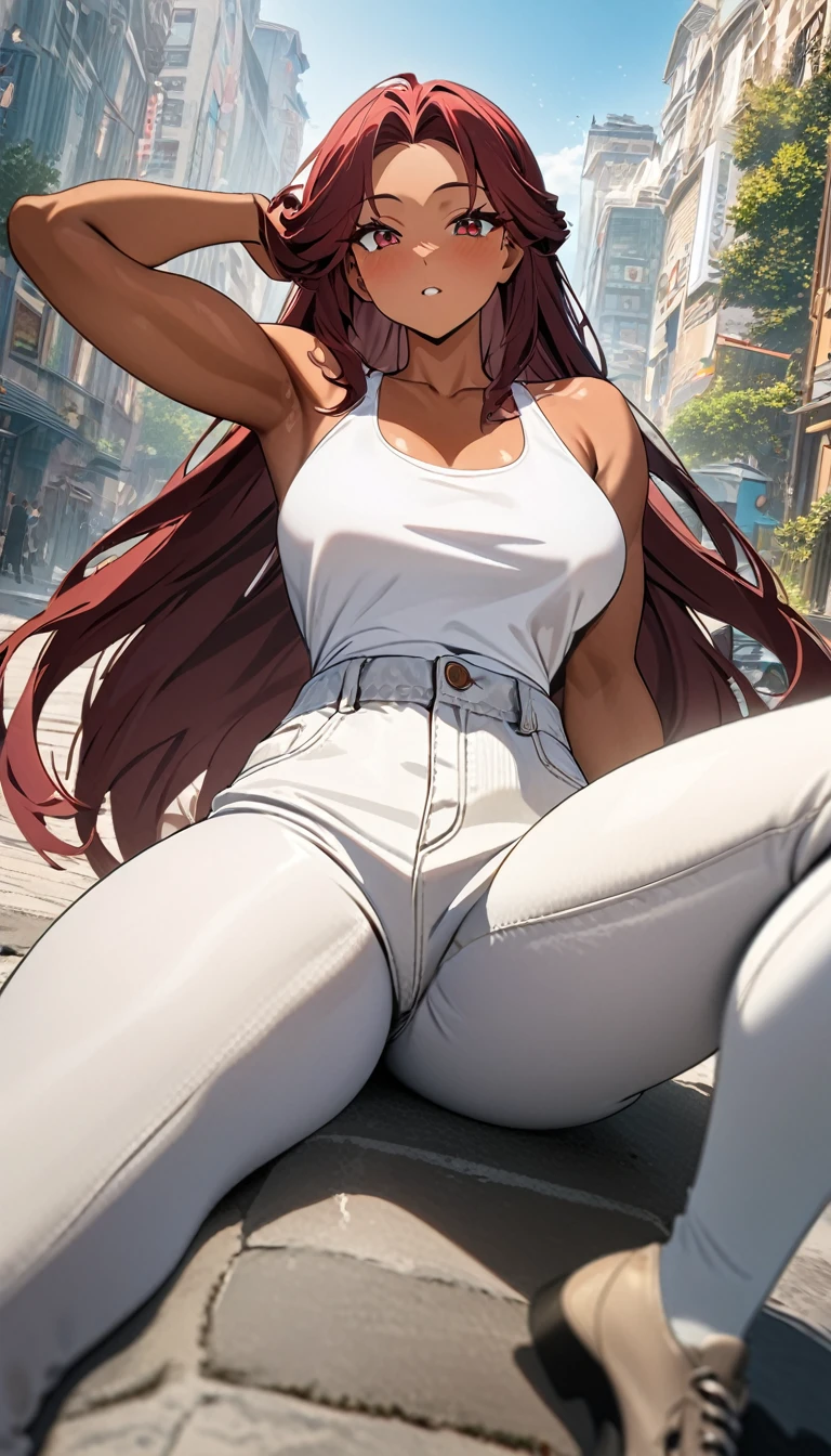 (masterpiece), best quality, ultra-detailed, 1024k UHD wallpaper, ultra-high resolution, depth of field, HDR, (extremely detailed CG 1024k wallpaper), Detailed face, Detailed Clothes, Ultra HD Photo, 1girl, long silky hair, 90's style, tan skin, white tank top, lean muscular, white jeans, dark red hair, red eyes, (newest anime art style)