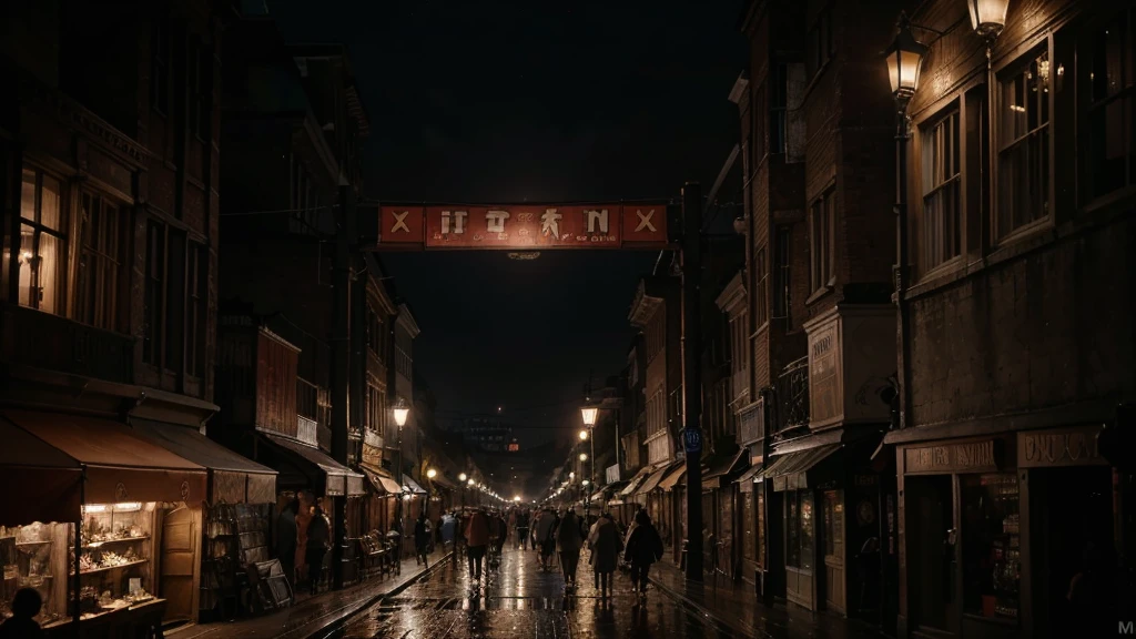(located dramatical scenery on classic victorian era 1837)) london slum ht market flea with cinematic feel red lantern lights source) element detail with rustic background, dark, nigscene, no-light, shade, shadow, storm night ematic, detail environtment scenery, people interact on that market, little rain situation, people on the street are wearing umbrellas format beauty, shades, desaturate, ultra HD, taken with Fujifilm XF 56mm f/1.2 R Lens. long exposure, HDR10 8K