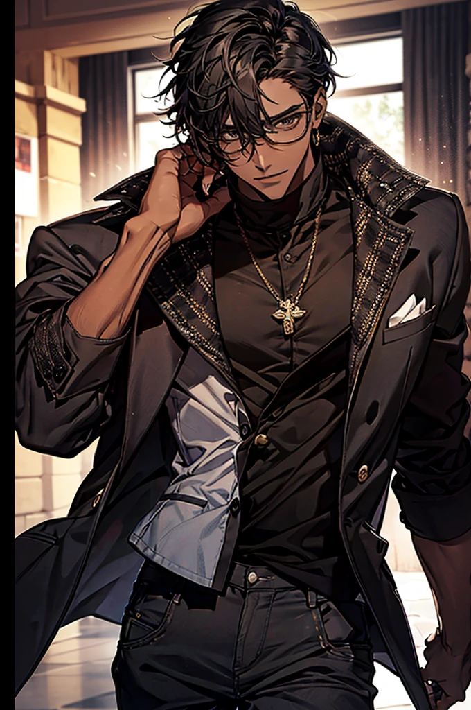 1male, black hair, dark skinned man, very dark skin, brown eyes, black hair, muscular body, cool clothes, casual pose, glasses, mature face, ikemen, smile, detailed background, 4k, high resolution, rim lighting