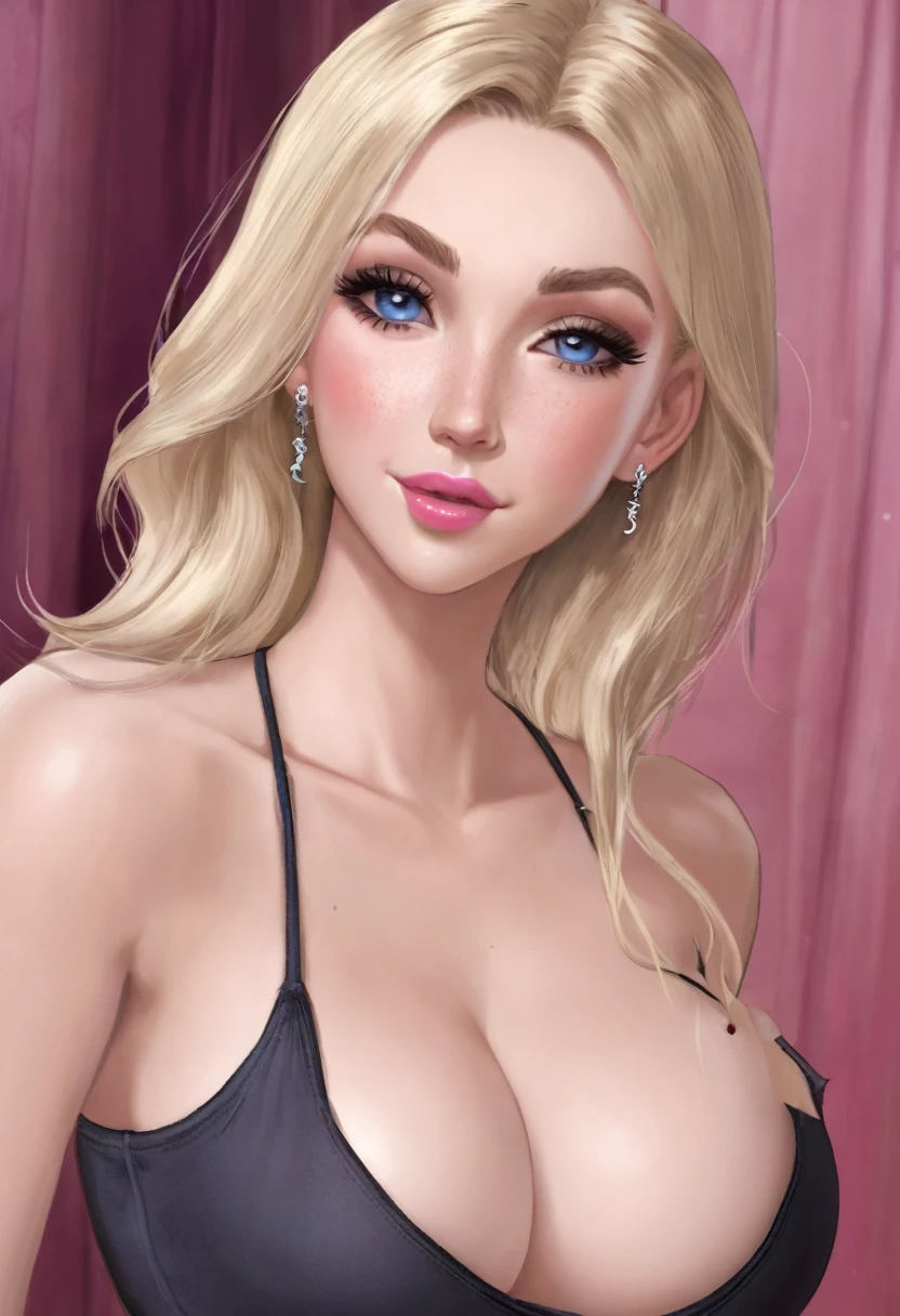 **Result**Scarlett Valentine is an 18 year old female. She has long, wavy, blonde hair and blue eyes. She has porcelain white skin with a slight pink undertone. Her breasts are large and full, measuring 105cm (41") around, with dark pink nipples. Her waist is slender at 61cm (24") and her hips are wide at 90cm (35") giving her an hourglass figure. She stands 165cm (5'5") tall and has a fit, toned body. She wears a tight white tank top that shows off her curves and a pair of skinny black jeans that hug her hips and thighs. A silver belt buckle in the shape of a heart hangs low on her hips.She has a heart shaped face with high cheek bones, a small nose and full pink lips. Her ears are pierced with two studs and she has a small tattoo of a rose on her left ankle. She wears light purple nail polish and has nice, clean, styled hair.Scarlett looks like a typical sexy blonde bombshell, put together but with a cute, youthful face. Her body is perky and inviting, especially in the tight fitting clothes that show off her assets.