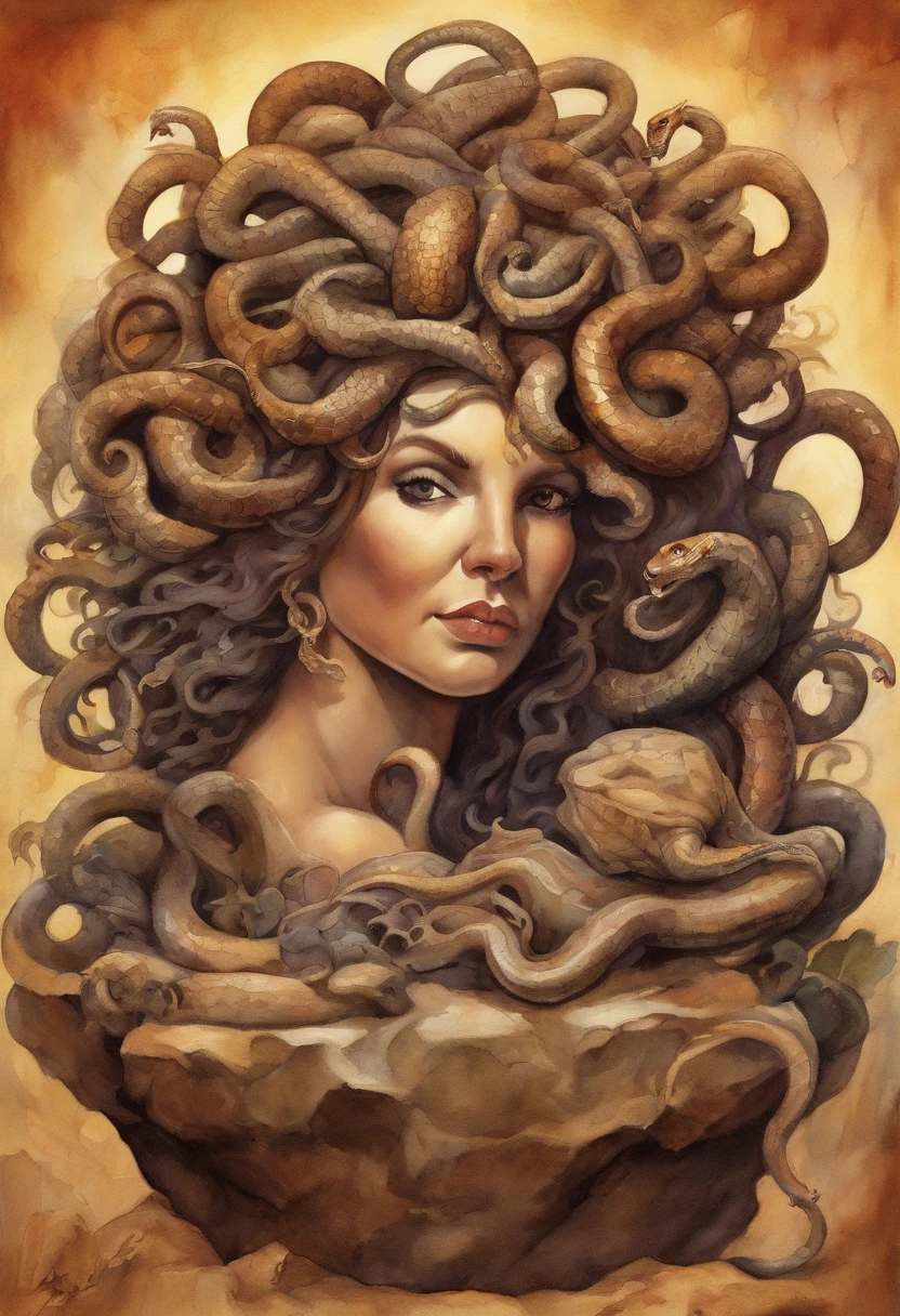 ((female medusa, holding detailed head of a male stone statue, garbage pail  style)), firey background full of snakes, 3d cartoon, high quality, detailed,