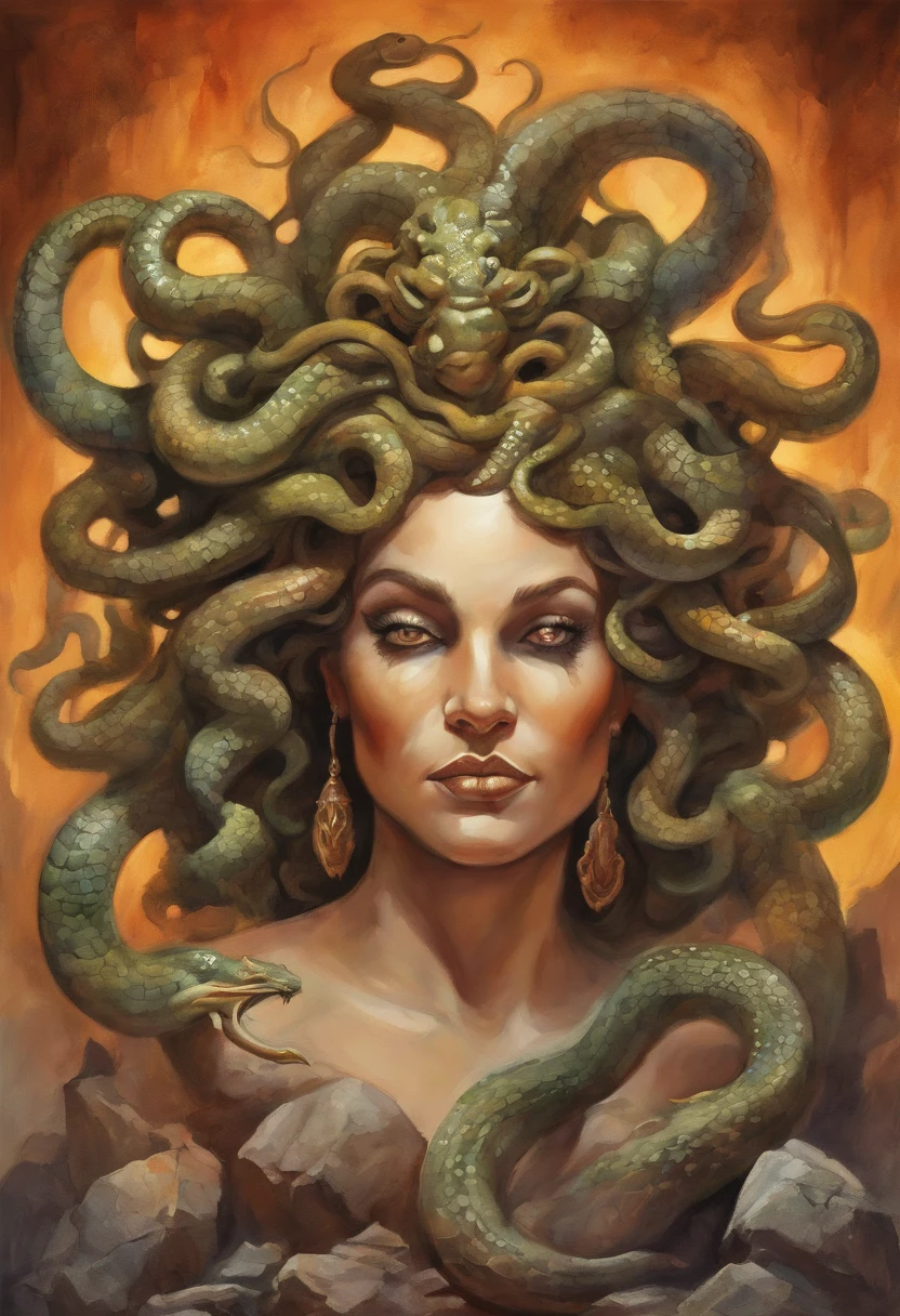 ((female medusa, holding detailed head of a male stone statue, garbage pail kids style)), firey background full of snakes, 3d cartoon, high quality, detailed,
