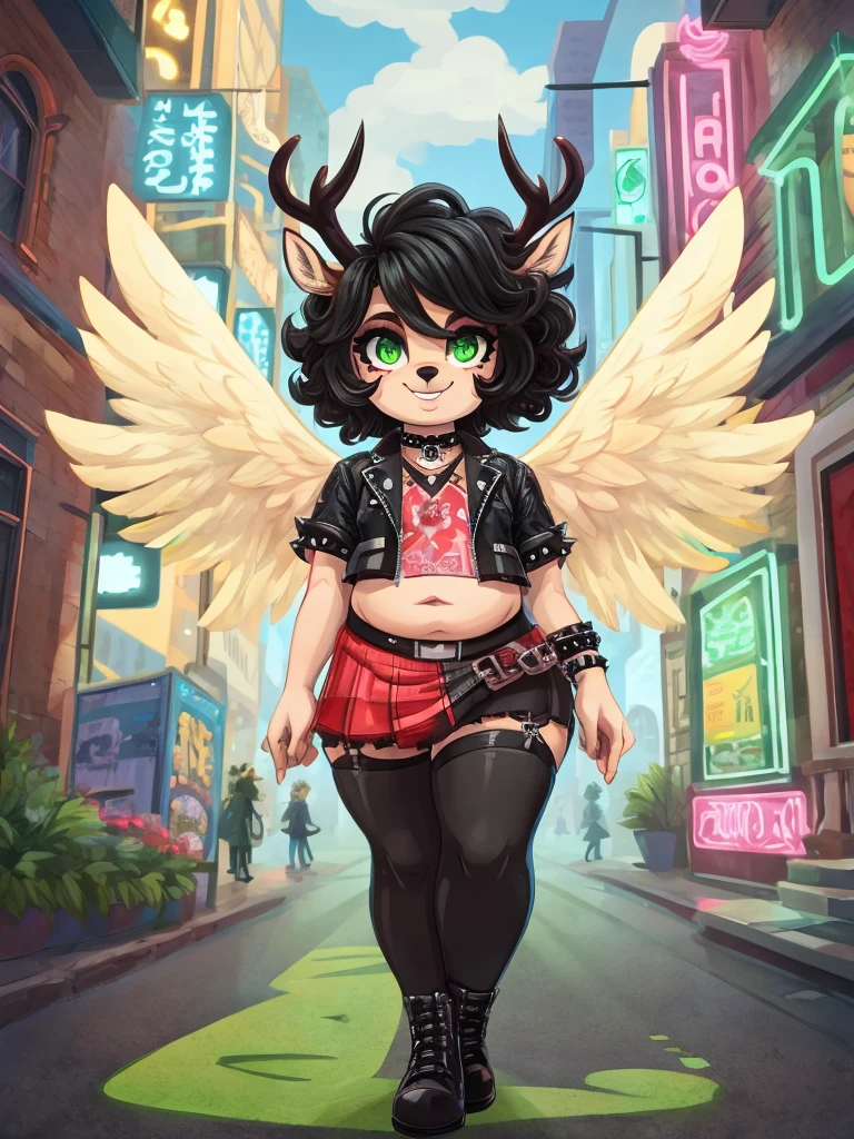 Cute, deer boy, small deer antlers, innocent, chubby, fat, big thighs, androgynous, femboy, short curly hair, black hair, fawn spots, freakles, ((cute)), smiling, walking in a big bustling city, wearing goth clothes, goth makeup, black and red color scheme, punk jacket, young, cartoony, adorable, deer tail, toxic neon green eyes, glowing eyes, angel wings, black feathers, feathered wings,
