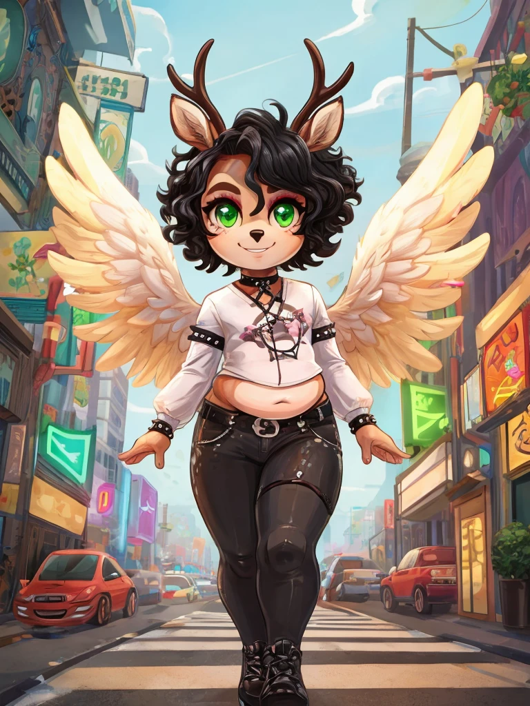 Cute, deer boy, small deer antlers, innocent, chubby, fat, big thighs, androgynous, femboy, short curly hair, black hair, fawn spots, freakles, ((cute)), smiling, walking in a big bustling city, wearing goth clothes, goth makeup, black and red color scheme, punk jacket, young, cartoony, adorable, deer tail, toxic neon green eyes, glowing eyes, angel wings, black feathers, feathered wings,