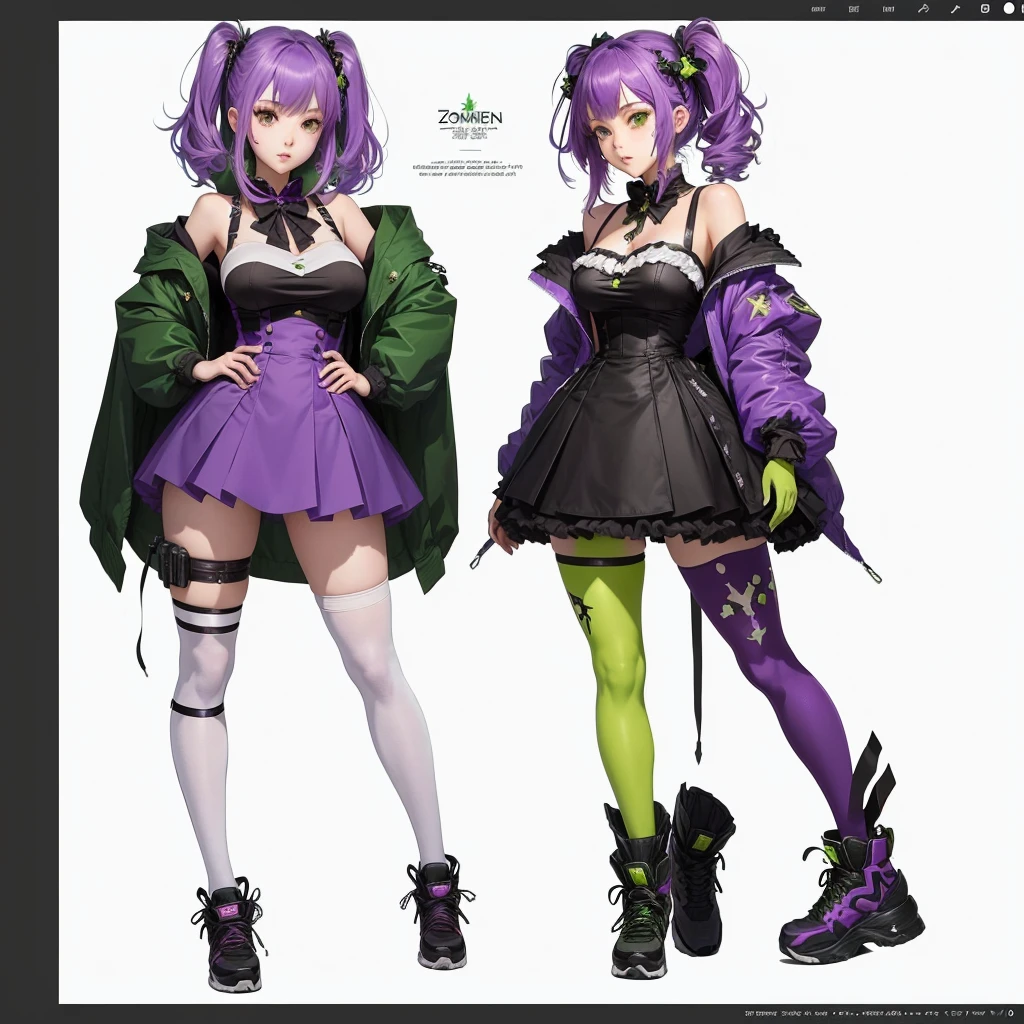 two anime girls in short skirts and tights are standing next to each other, full body concept, detailed full body concept, outfit design, [ character design ], some green and purple, detailed character design, unrealistic character concept, full body character design, clothing concept, full body character concept, full body adoptable, character adoptable, outfit designs, full body illustration, green skin, anime costume, zombie cosplay, anime, bandages wrapped around legs,