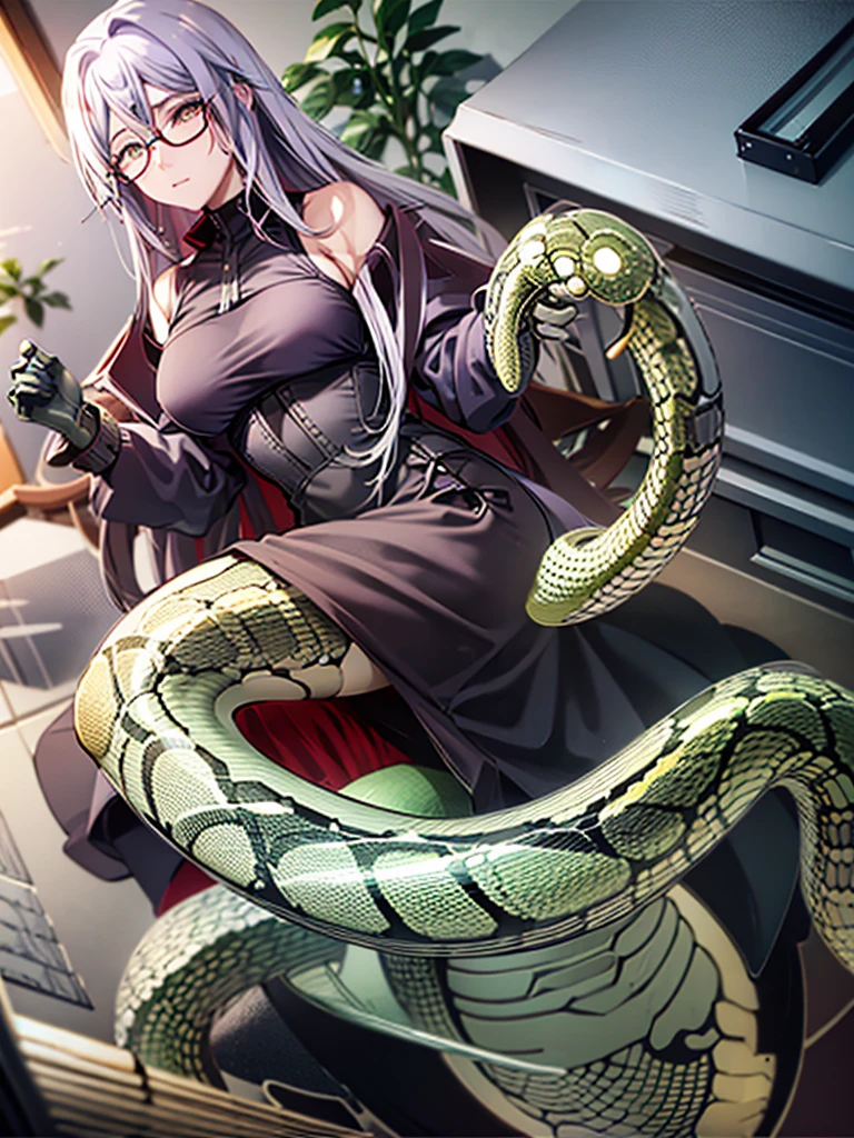 , snake lower body, green scales, jellyfish hair with snakes, purple eyes, tender, red glasses, White dress 