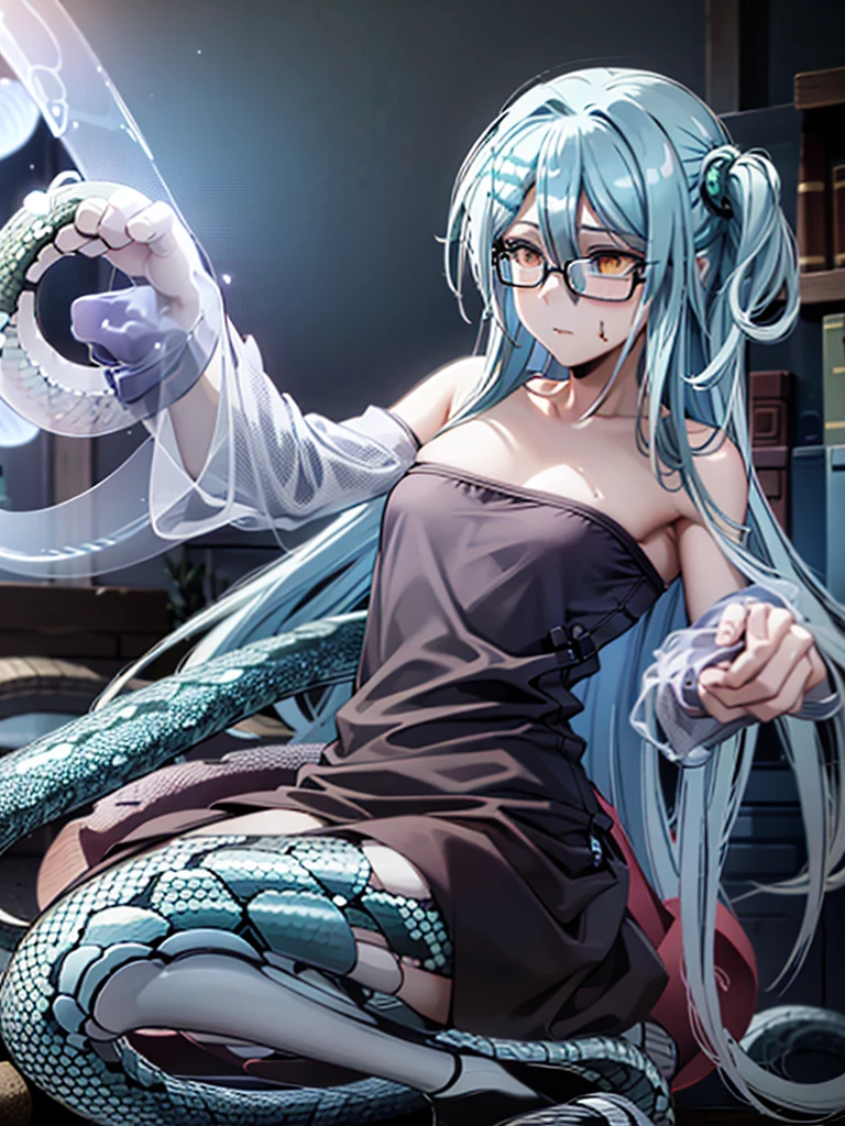 , snake lower body, green scales, jellyfish hair with snakes, purple eyes, tender, red glasses, White dress 