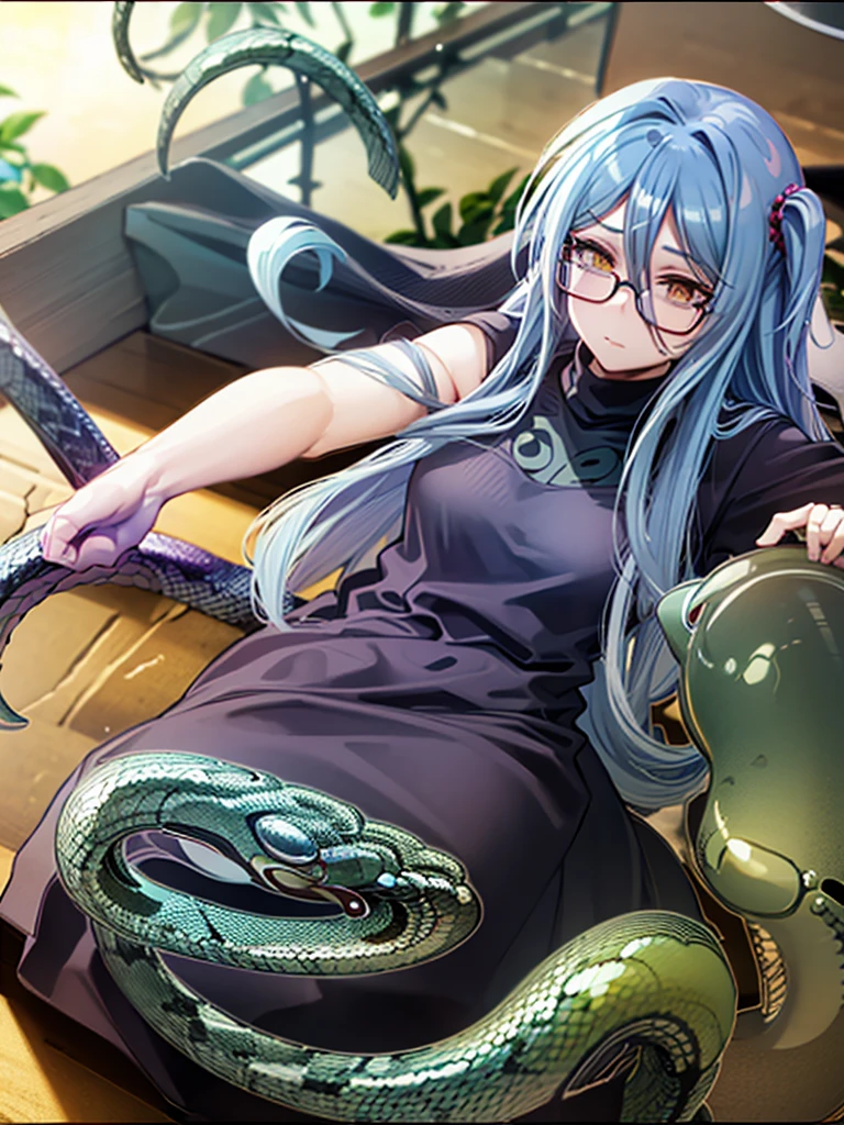 , snake lower body, green scales, jellyfish hair with snakes, purple eyes, tender, red glasses, White dress 