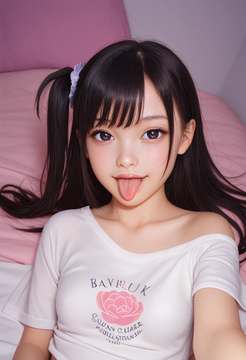 ollarbone,pastel colors t-shirt,off-shoulder look,bare shoulder,midriff peek,micro shorts,open mouth,(tongue out:2),lying,Selfie,front view,upper body,(1girl,Beautiful  girl),((Slender,Small breasts,Small face,)),looking at viewer,Black Hair,bangs,one side up,Beautiful and detailed,Mischievous smile,Dimly lit room,Simple Background,bed,pillow,best quality
