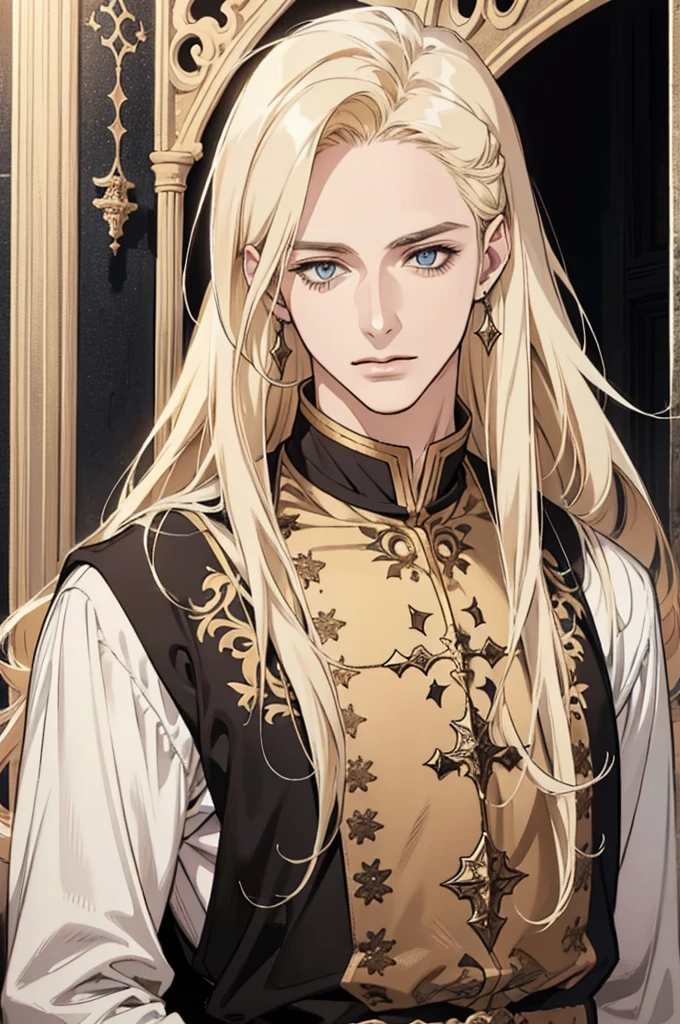 Detailed face of a 25 year old man, Full length blond, blonde hair, long hair, heavenly eyes handsome, tall and muscular boy, wears a white priest's robe, beautiful, ((in sacred attire)), gentle androgynous prince, white clothes, красивый guy in demon slayer art, interesting character design, Professional Character Design, high quality character design, Male character design, In a black noble suit, full body character design,