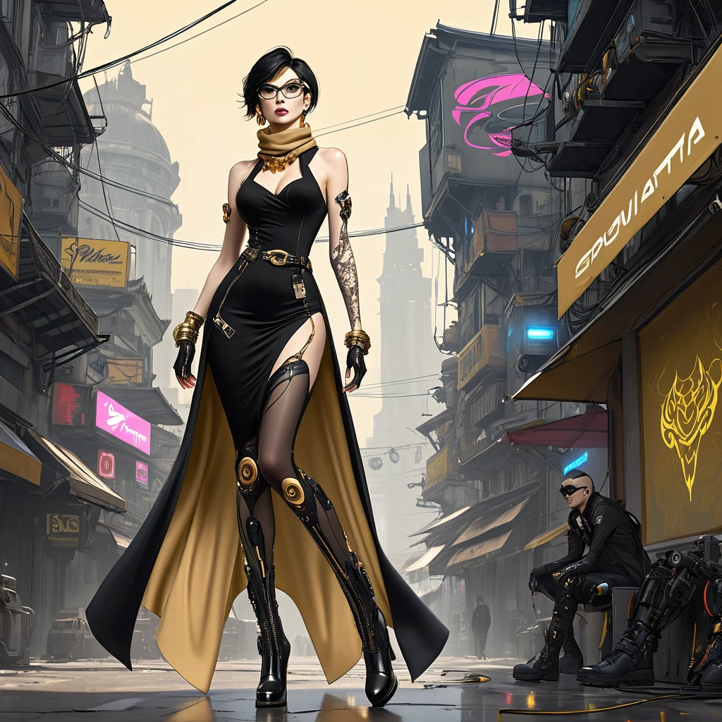 tall beautyfull woman, bayonetta, cyberpunk clotches, cybernetic implants, short hair, black chic glasses, big beige colors scarf, golden earring, black dress, golden bracelet, black boot