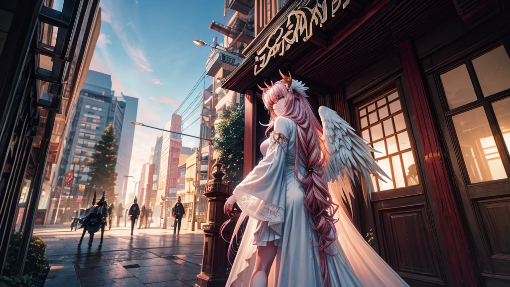 high-angle shots, and fisheye effects. A beautiful thai-korean mecha angel lady and an mecha evil devil lady walking side by side, one with long blonde hair in white flowing gown with wings on back of her arms, other has pink red black colored hair wearing cloak and ripped jeans boots and horns with bat tail behind them city background realistic high detail, photo, cinematic, anime, dark fantasy, vibrant, portrait photography