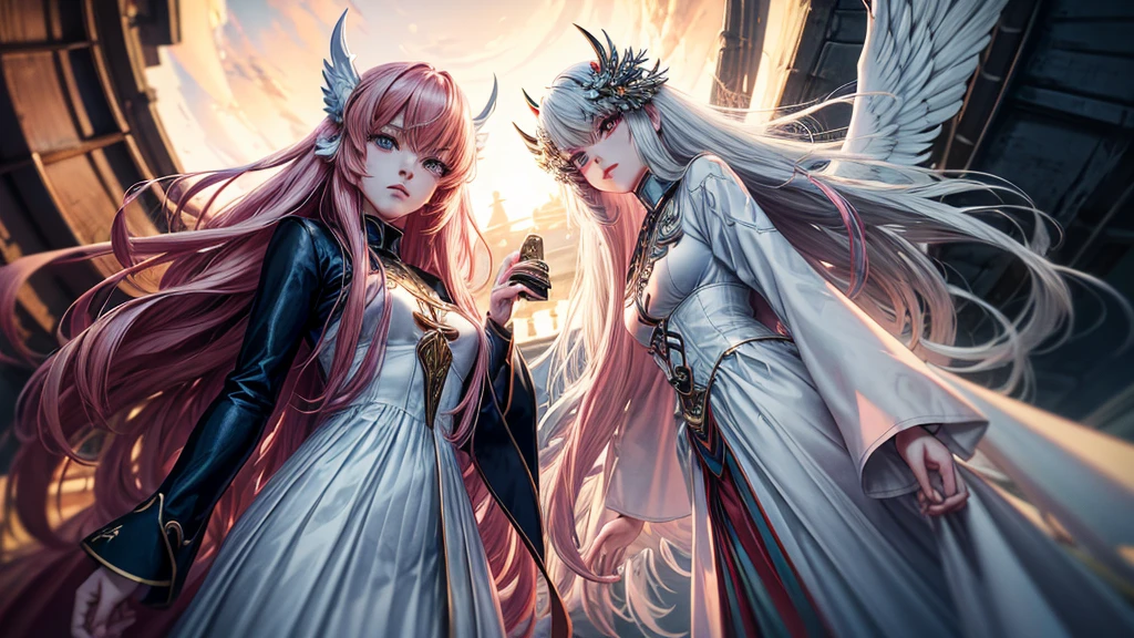 high-angle shots, and fisheye effects. A beautiful thai-korean mecha angel lady and an mecha evil devil lady walking side by side, one with long blonde hair in white flowing gown with wings on back of her arms, other has pink red black colored hair wearing cloak and ripped jeans boots and horns with bat tail behind them city background realistic high detail, photo, cinematic, anime, dark fantasy, vibrant, portrait photography