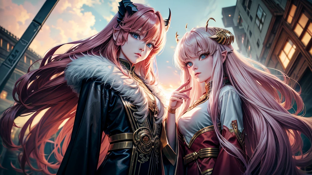 high-angle shots, and fisheye effects. A beautiful thai-korean mecha angel lady and an mecha evil devil lady walking side by side, one with long blonde hair in white flowing gown with wings on back of her arms, other has pink red black colored hair wearing cloak and ripped jeans boots and horns with bat tail behind them city background realistic high detail, photo, cinematic, anime, dark fantasy, vibrant, portrait photography