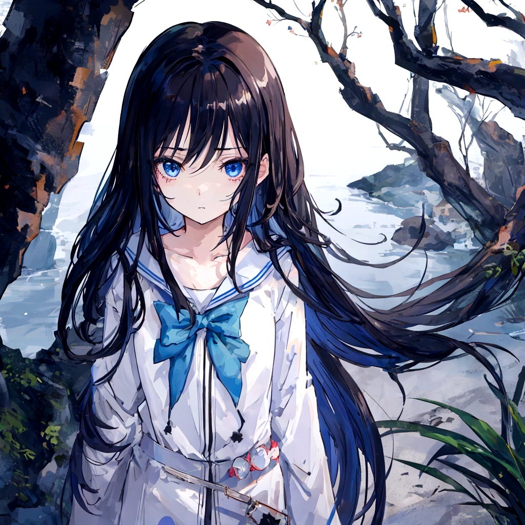 Anime, ((1girl)), 20 years old, dark hair, blue eyes, depressive expression, looking at viewer, gloomy clothes 