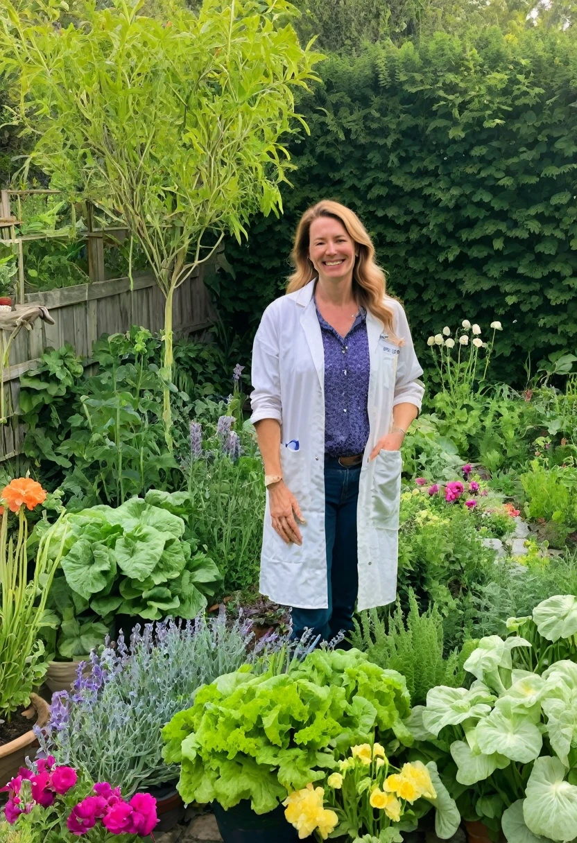 Dr. Amanda Eversfield in her garden, tending to vibrant flowers and vegetables, dressed in casual gardening clothes, with a relaxed and content expression, surrounded by greenery and blooming plants.
