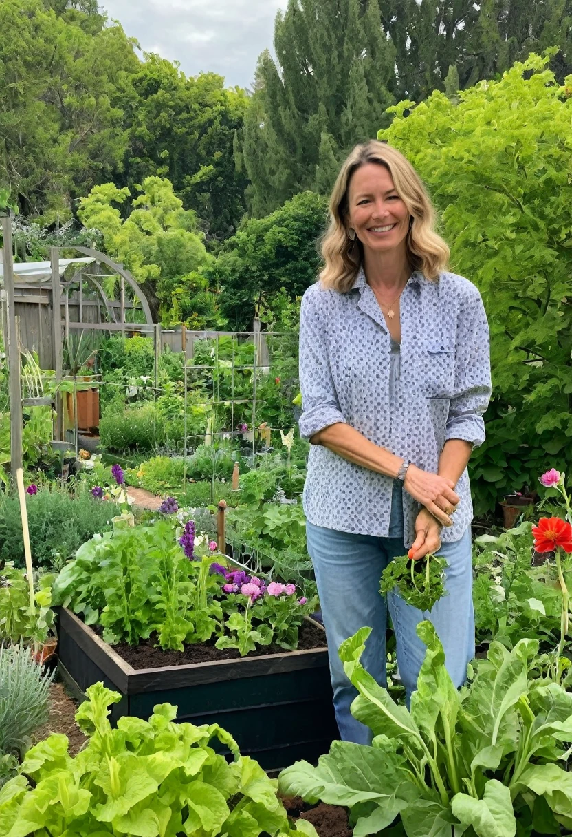 Dr. Amanda Eversfield in her garden, tending to vibrant flowers and vegetables, dressed in casual gardening clothes, with a relaxed and content expression, surrounded by greenery and blooming plants.
