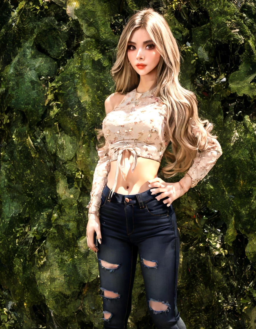 Sophisticated woman with long hair and crop top poses for a photo, Kawaii-Shirt und Jeans, wearing a sexy crop top, Photo of a slim girl model, Belle Delphine, attractive pose, hyperrealistic full-body figure, narrow waist and wide hips, 2 4 year old female model, wear a crop top, Skydoll-Messer, with torn crop top