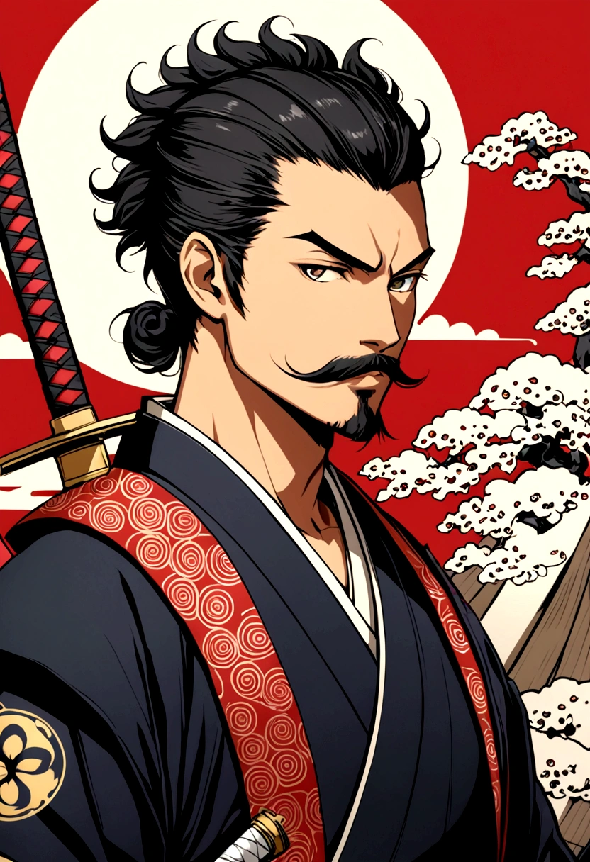Young samurai with thin mustache, eyes black, curly mohawk hair holding a sword with Japanese symbols