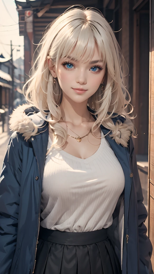 (masterpiece:1.2, best quality), (real picture, intricate details), 1lady, solo, upper body, casual, long hair, minimal makeup, natural fabrics, close-up face, smile, home, long light platinum blonde hair, bangs, wavy hair, voluminous hair, green eyes, big breasts, cold clothing, cute clothes, pleated skirt, black skirt, beautiful clothing, blue parkas, blue coat, coat with fur, blue coat white fur, bangs on forehead, Korean bangs, cute bangs. risbeauty asia,