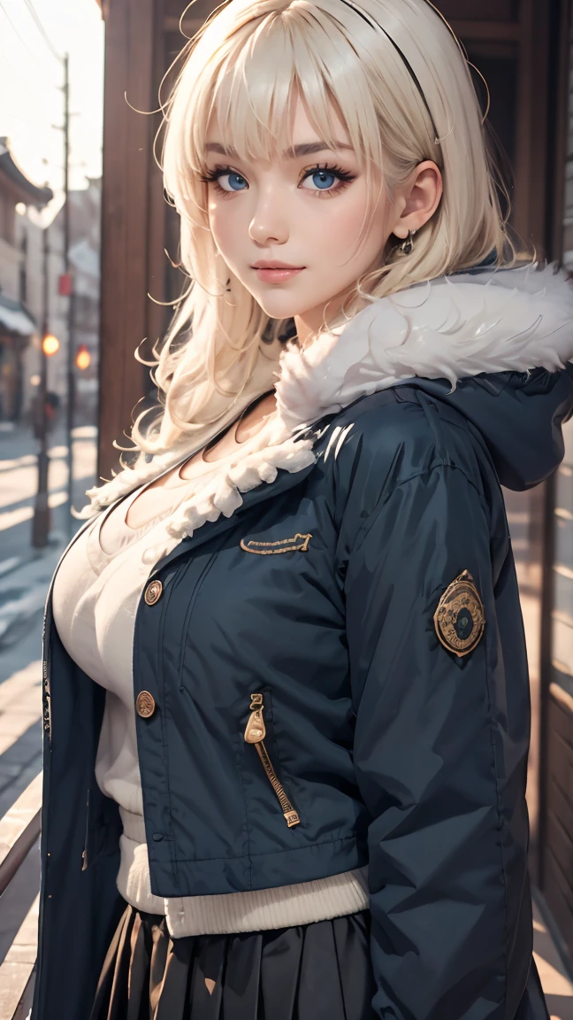 (masterpiece:1.2, best quality), (real picture, intricate details), 1lady, solo, upper body, casual, long hair, minimal makeup, natural fabrics, close-up face, smile, home, long light platinum blonde hair, bangs, wavy hair, voluminous hair, green eyes, big breasts, cold clothing, cute clothes, pleated skirt, black skirt, beautiful clothing, blue parkas, blue coat, coat with fur, blue coat white fur, bangs on forehead, Korean bangs, cute bangs. risbeauty asia,