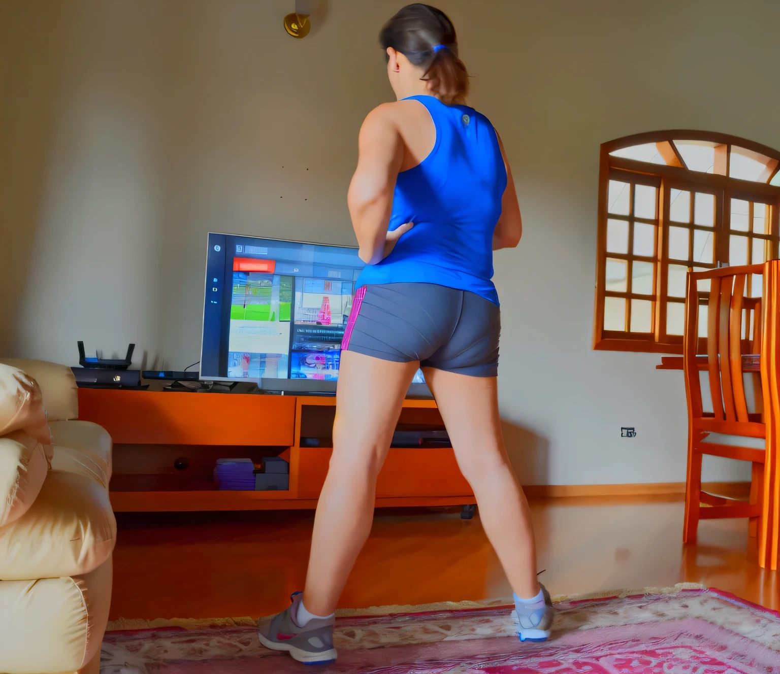 there is a woman standing in front of a television playing a video game, working out, fitness, workout, in shape, wearing fitness gear, fit, side view of her taking steps, fit body, toned derriere, back - shot, back shot, indoor, rear-shot, backshot, fit pic, sweating, by Amelia Peláez, running pose