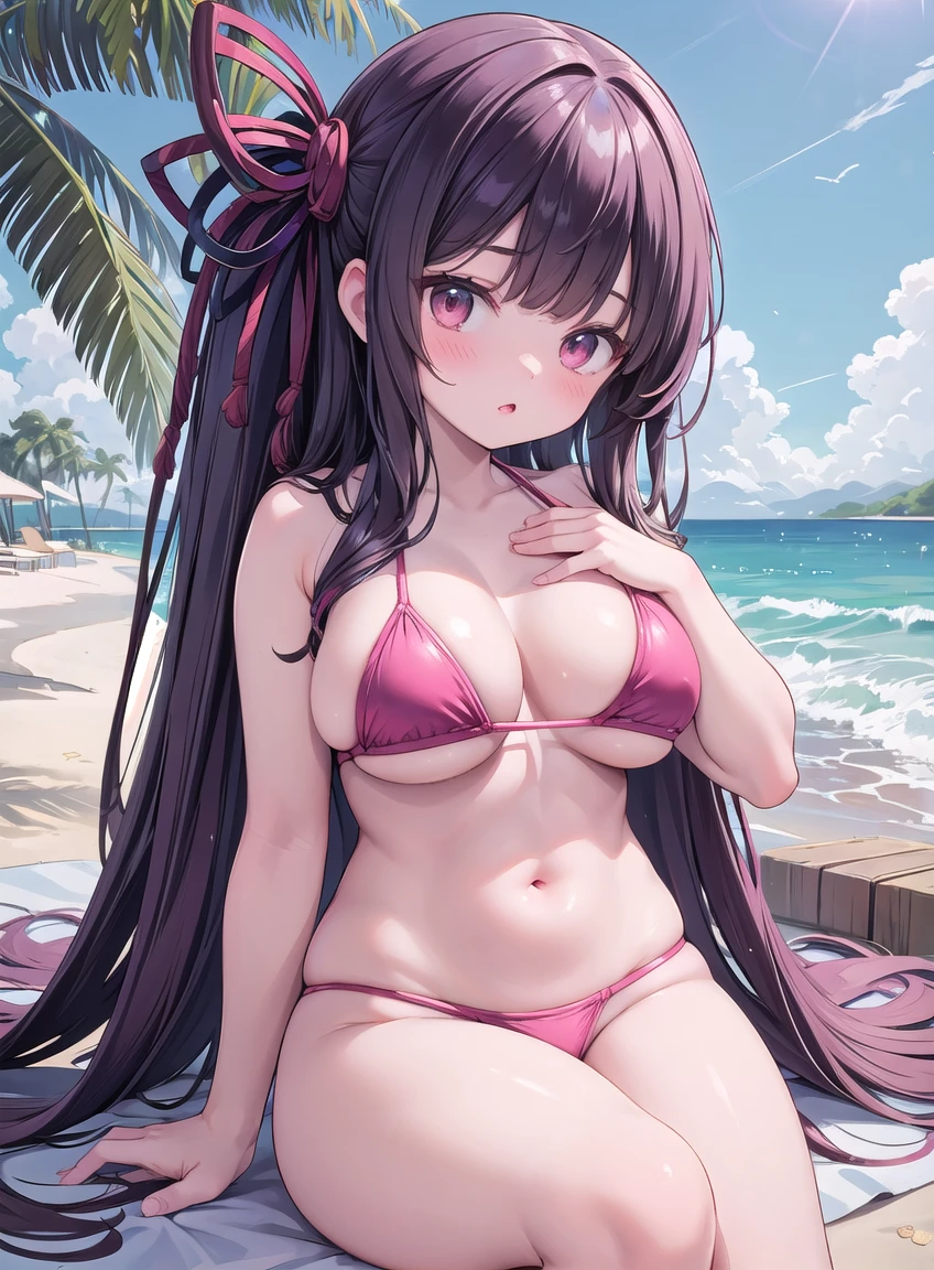 japanese girl realistic skin detailed sexy pose sitting at the beach pink bikini swimsuit wave and palm tree background