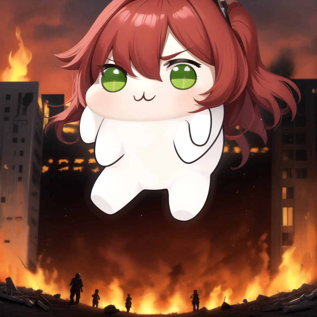 masterpiece, best quality, doro, creature, chibi, ;3, red hair, green eyes, scenery, outdoors,  rampage, with tiny, tiny people, running away, scared, fire, smoke, red sky, ground view, from below, standing