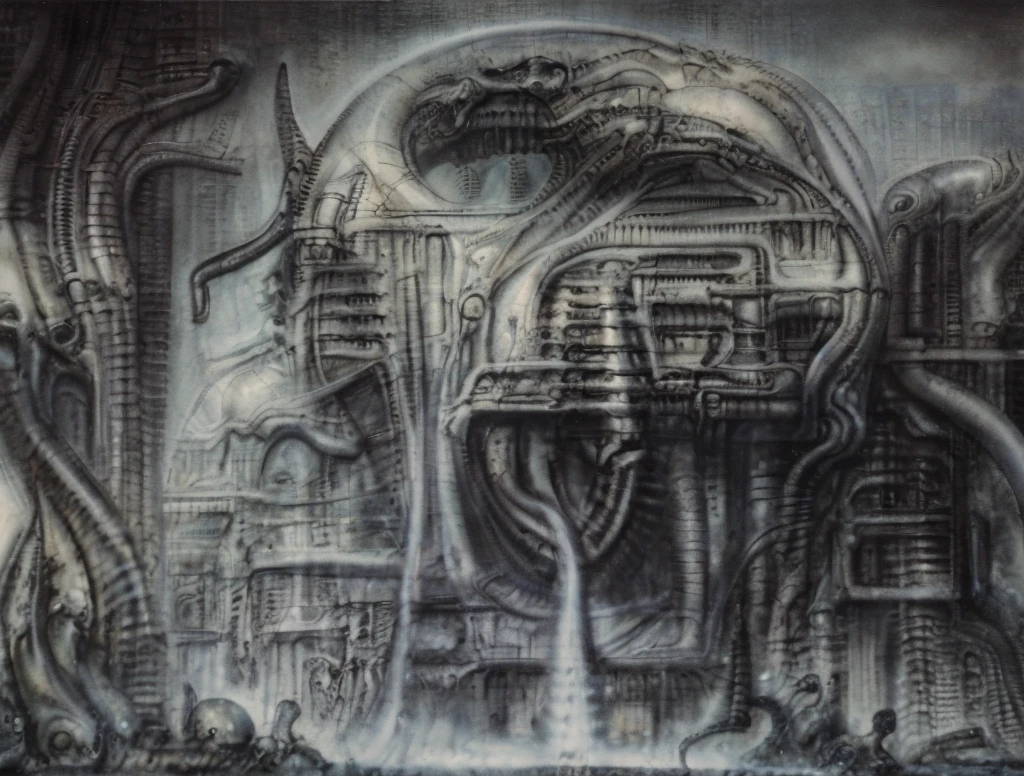 The image is a detailed view of H.R. Giger's biomechanical tableau \" Landscape XVI \" plate, featuring.
(airbrush painting, Giger's alien in front of broken alien ship in landscape, natural light, sharp focus, illustration, highly detailed, digital painting, concept art, matte, art by gric and kozhanov and moebius and Alphonse Mucha, masterpiece, HDR ,UHD , uplight, in HRGigerArhP style);1.
surrealistic painting of a monster with multiple tentacles and a body that looks like a brain, surrounded by a chaotic scene of swirling clouds and other monsters
It's a complex network of bones and organs in eldritch color scheme:a greenish-brown hue ,swirling gery and brown colors. The artwork is silverish and green brown, with an ivory bones prominently displayed. The image is highly detailed and intricate, almost like a 3d version of a medical sketchwork.
The piece is a tableau, most likely created with a India ink pen or pencil on paper, determined by the thin lines, shading techniques, and the texture of the paper, which is visible around the edges.
Used is pen, given the shading and variations in line weight visible in the image. Artist have used a variety of stylus with different degrees of hardness to achieve the shading effects.
The use of undersaturated green-grays dark contrasts creates a stark and graphic look. Is used a variety of linework techniques to create different textures. Fine, parallel lines create a smooth, metallic texture,while thicker, more cursive lines suggest cables or wires.
Light source from the top highlights skeletals, pper part of foreground, lower part of image is in shadowupper part of foreground, lower part of image is in shadow.
The art performance showcases the artist’s skills in observation and rendering. The level of detail in the piece suggests a close study of real bone specimens and mechanics. The artist has skillfully used shading techniques to create a convincing illusion of three-dimensionality on a flat surface. The wrinkles