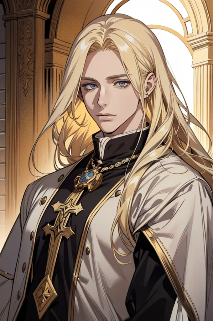 Detailed face of a 25 year old man, Full length blond, blonde hair, long hair, heavenly eyes handsome, tall and muscular boy, wears a white priest&#39;s robe, beautiful, ((in sacred attire)), gentle androgynous prince, white clothes,  Male character design, In a black noble suit, full body character design