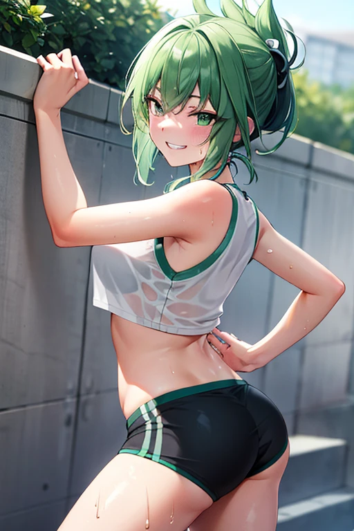 Green hair, folded ponytail, fine eyes, green eyes, masterpiece, sweat, soaked, best quality, hi-res, solo, wicked grin, ass facing you, running action and elegance, white sports short shorts, wet pants, white running shirt, wet shirt, sleeveless, braless, big, park, outdoor (en bikini) ("camisa mojada y de frente de la cámara") (en bikini ) (" mostrando tetas")( "su bikini transparente ")(( sin ropa interior)) (*tocandose una teta*)(("bikini pequeño más pequeño y trasparente")) (("posé sexy sacando la lengua"))  ((" en bikini blanco trasparente")) 