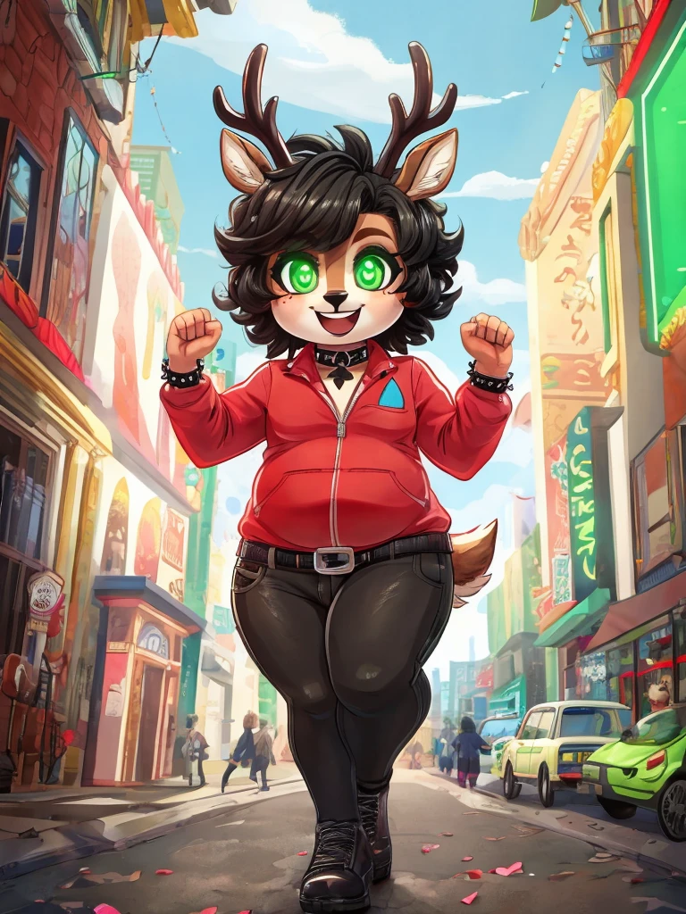 Cute, deer boy, small deer antlers, innocent, chubby, fat, big thighs, androgynous, femboy, short curly hair, black hair, fawn spots, freakles, ((cute)), smiling, walking in a big bustling city, wearing goth clothes, goth makeup, black and red color scheme, punk jacket, young, cartoony, adorable, deer tail, toxic neon green eyes, glowing eyes, red sky,