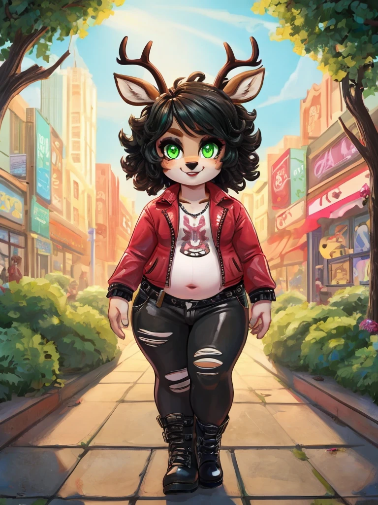 Cute, deer boy, small deer antlers, innocent, chubby, fat, big thighs, androgynous, femboy, short curly hair, black hair, fawn spots, freakles, ((cute)), smiling, walking in a big bustling city, wearing goth clothes, goth makeup, black and red color scheme, punk jacket, young, cartoony, adorable, deer tail, toxic neon green eyes, glowing eyes, red sky,