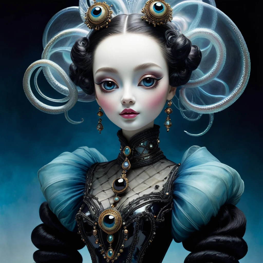 Translucent, bioluminescentA captivating digital painting by Nicola Samori, showcasing a charming anthropomorphic biolumineszierenden mystische catsnake doll. The first figure, with a smaller and sweeter demeanor, stands next to the second figure, who exudes bolder and mischievous energy. Both figures are dressed exquisitely in high heels, with big round eyes and enchanting smiles. They gracefully pose on a vibrant checkered chessboard, bringing a sense of order to their lively expressions. The background is a deep, inky black, expertly contrasting with the intricate pen and ink outlines and delicate dry watercolor effects. This enchanting photoreal masterpiece is a testament to the artist's skill and imagination. in a voluminous opulent costume conducting an outlandish, extraterrestrial autopsy in the confines of a conspicuously unassuming bedroom, appearing as a tiny doll in a concealing princely garment. Her oversized, compelling eyes feature an ethereal expression. Ensconced in an atmosphere rendered swirling with surreal