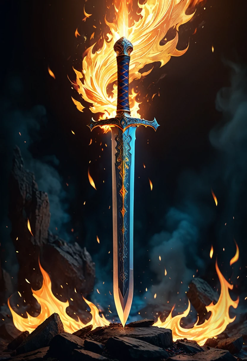 a highly detailed, photorealistic, 8k resolution, burning sword, intricate details, dynamic lighting, dramatic composition, vibrant colors, cinematic atmosphere, masterpiece quality