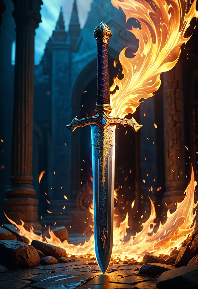a highly detailed, photorealistic, 8k resolution, burning sword, intricate details, dynamic lighting, dramatic composition, vibrant colors, cinematic atmosphere, masterpiece quality